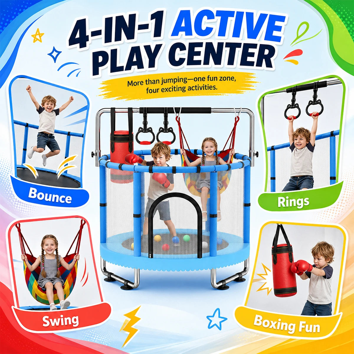 Kids Indoor Trampoline Safety Net Swing Punching Bag Gym Rings