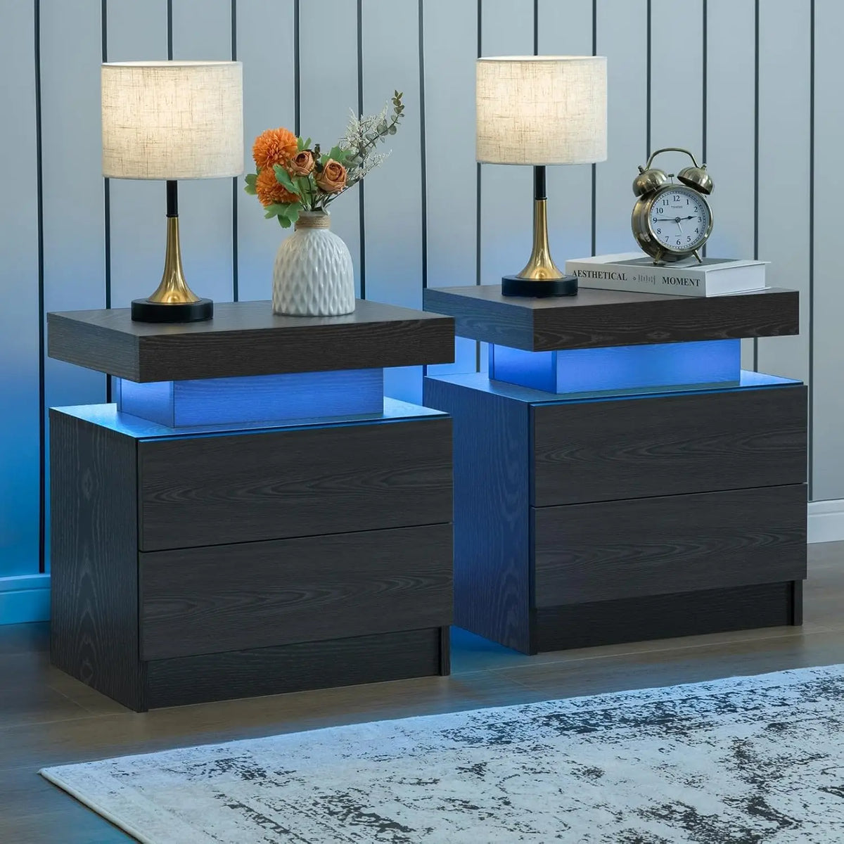 Cubehom Modern Led Nightstand Set With Dual Wooden Drawers