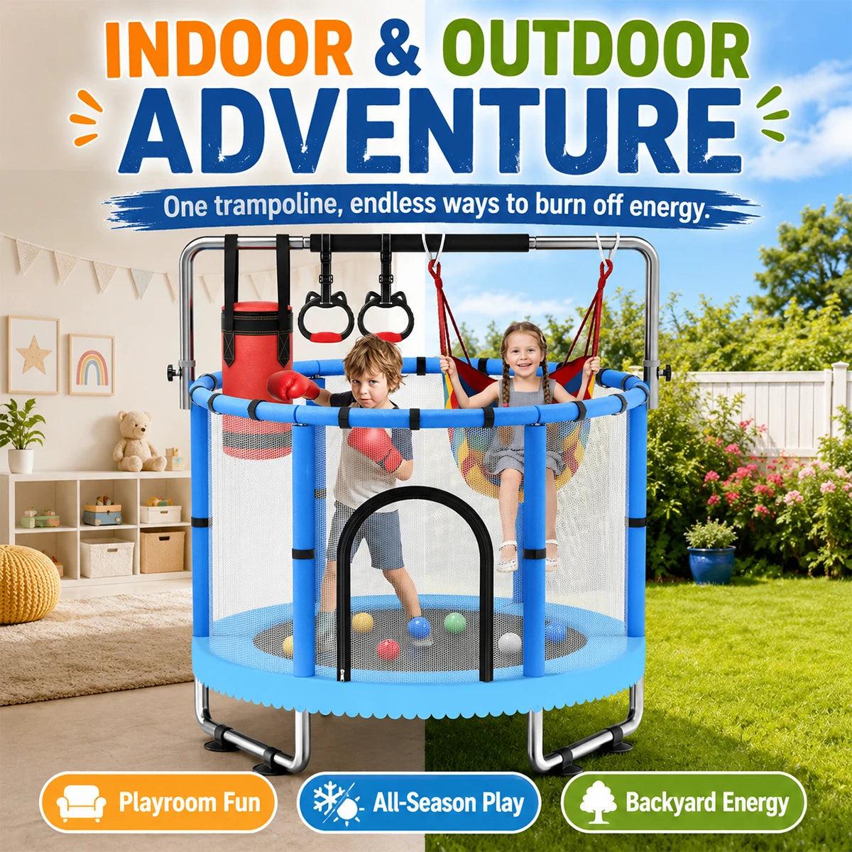 Kids Indoor Trampoline Safety Net Swing Punching Bag Gym Rings