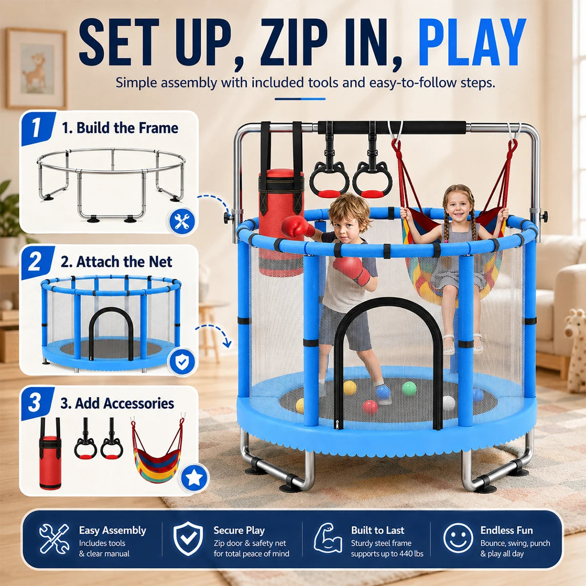 Kids Indoor Trampoline Safety Net Swing Punching Bag Gym Rings