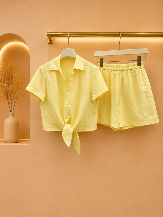 Women Two Piece Linen Cotton Knotted Blouse And Shorts Set