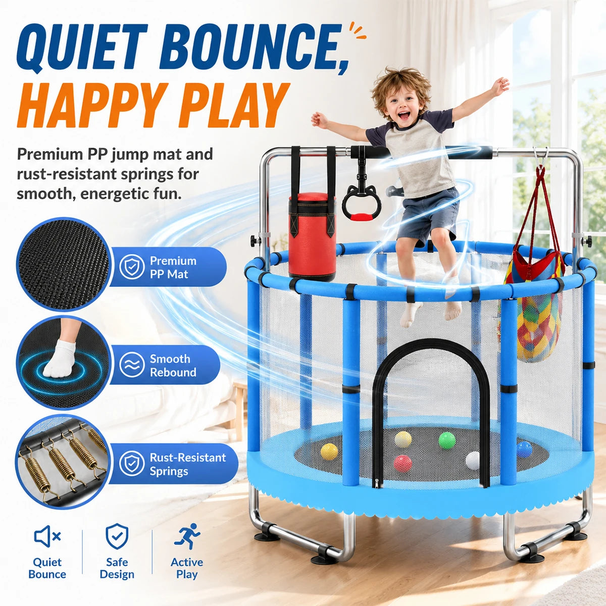 Kids Indoor Trampoline Safety Net Swing Punching Bag Gym Rings