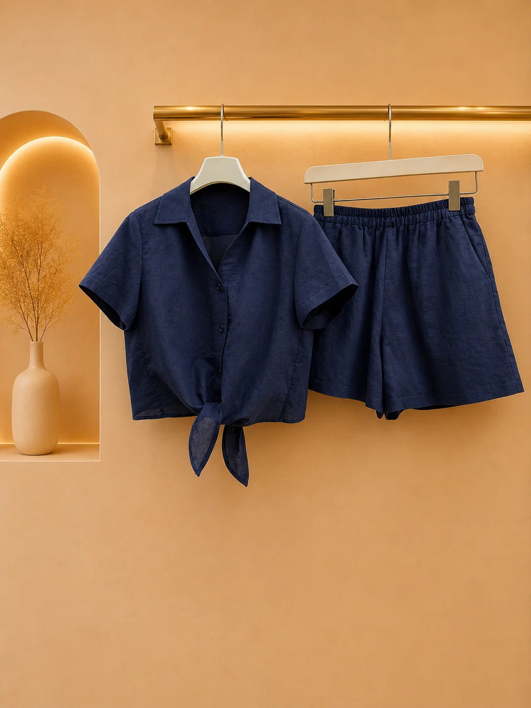 Women Two Piece Linen Cotton Knotted Blouse And Shorts Set
