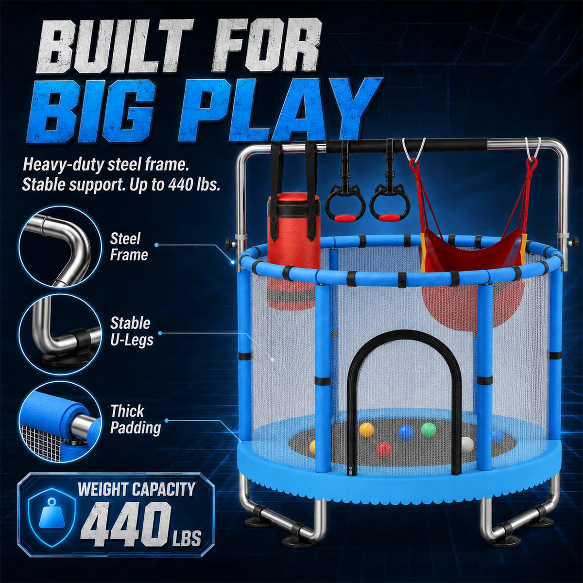 Kids Indoor Trampoline Safety Net Swing Punching Bag Gym Rings