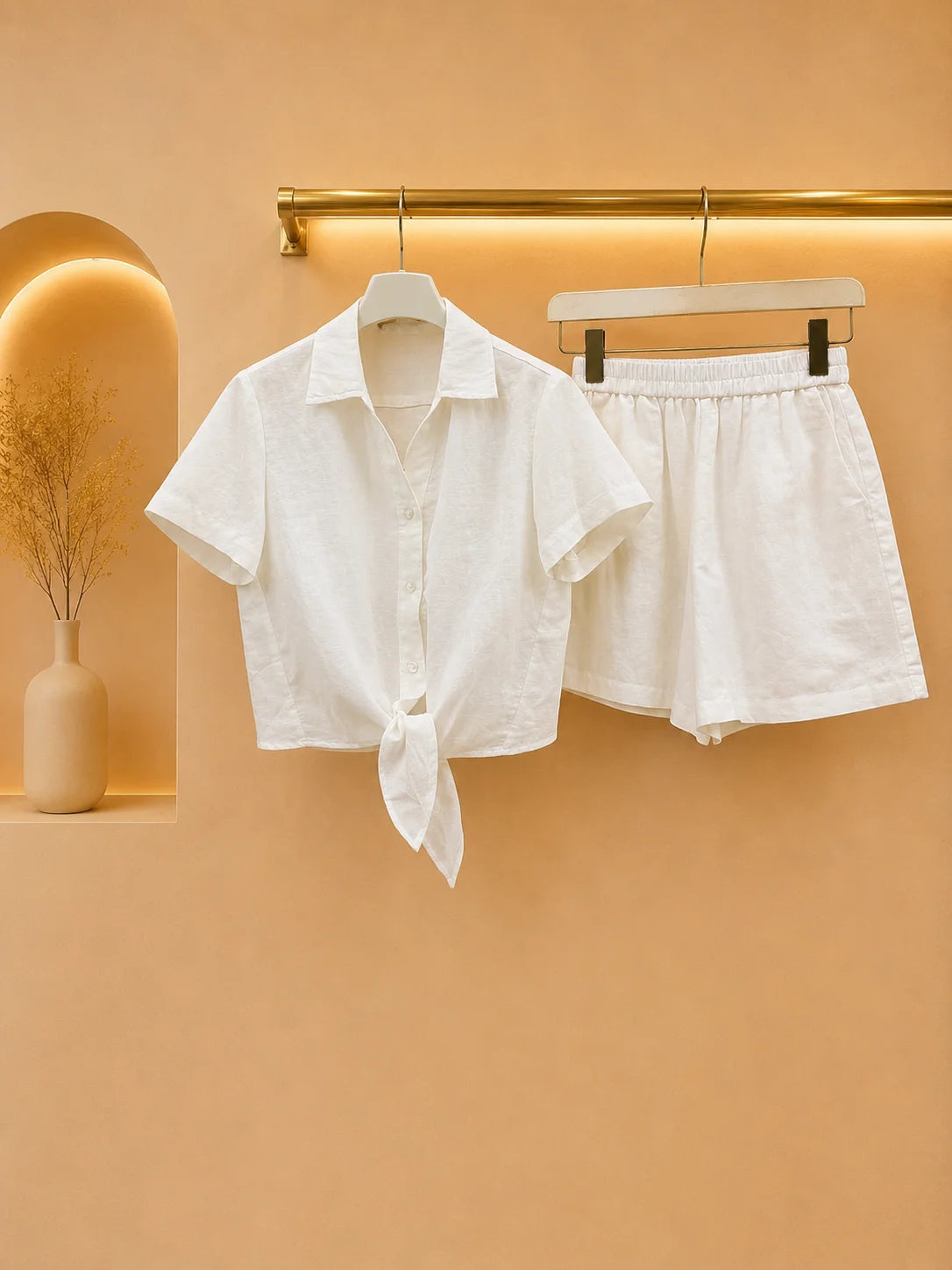 Women Two Piece Linen Cotton Knotted Blouse And Shorts Set