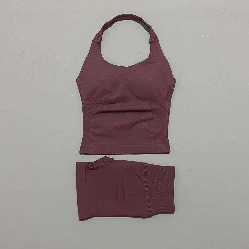Histello Women Seamless Halter Sports Set With Strappy Crop Top