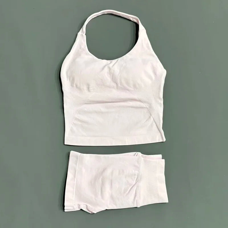 Histello Women Seamless Halter Sports Set With Strappy Crop Top