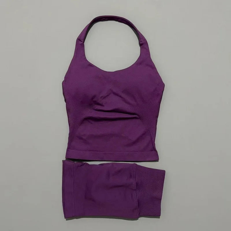 Histello Women Seamless Halter Sports Set With Strappy Crop Top