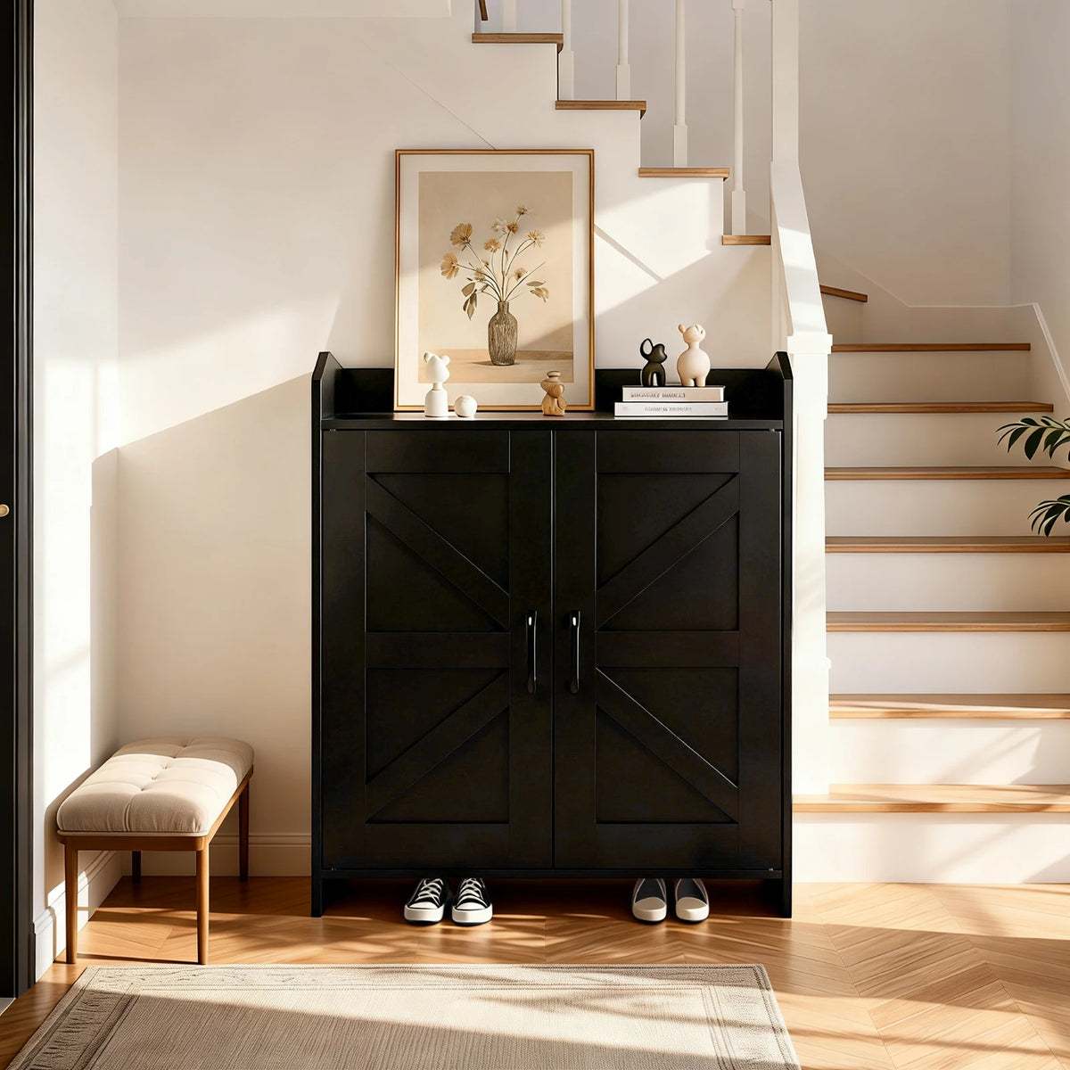 Farmhouse Shoe Cabinet with Doors, Modern Large 5-Tier Shoe Storage Cabinet with Adjustable Shelves, Wooden Shoe Organizer for Entryway, Hallway, Closet, Bedroom, Living Room