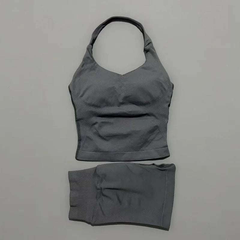 Histello Women Seamless Halter Sports Set With Strappy Crop Top