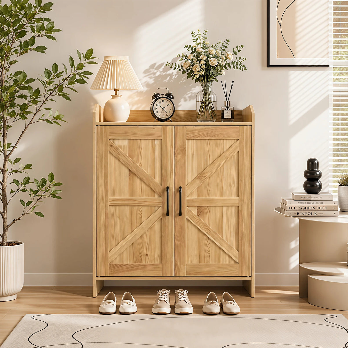 Farmhouse Shoe Cabinet with Doors, Modern Large 5-Tier Shoe Storage Cabinet with Adjustable Shelves, Wooden Shoe Organizer for Entryway, Hallway, Closet, Bedroom, Living Room