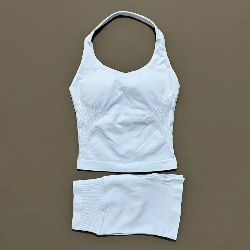 Histello Women Seamless Halter Sports Set With Strappy Crop Top