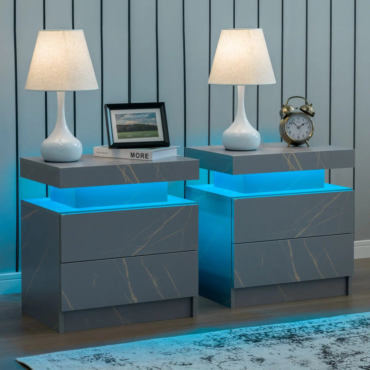 Cubehom Modern Led Nightstand Set With Dual Wooden Drawers