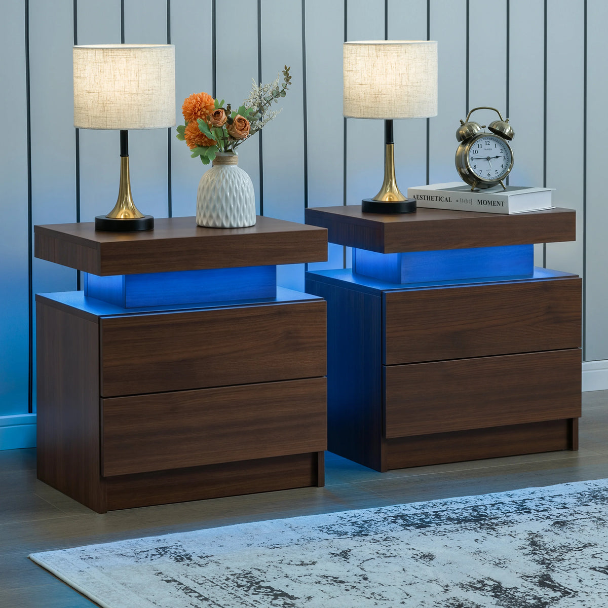 Cubehom Modern Led Nightstand Set With Dual Wooden Drawers