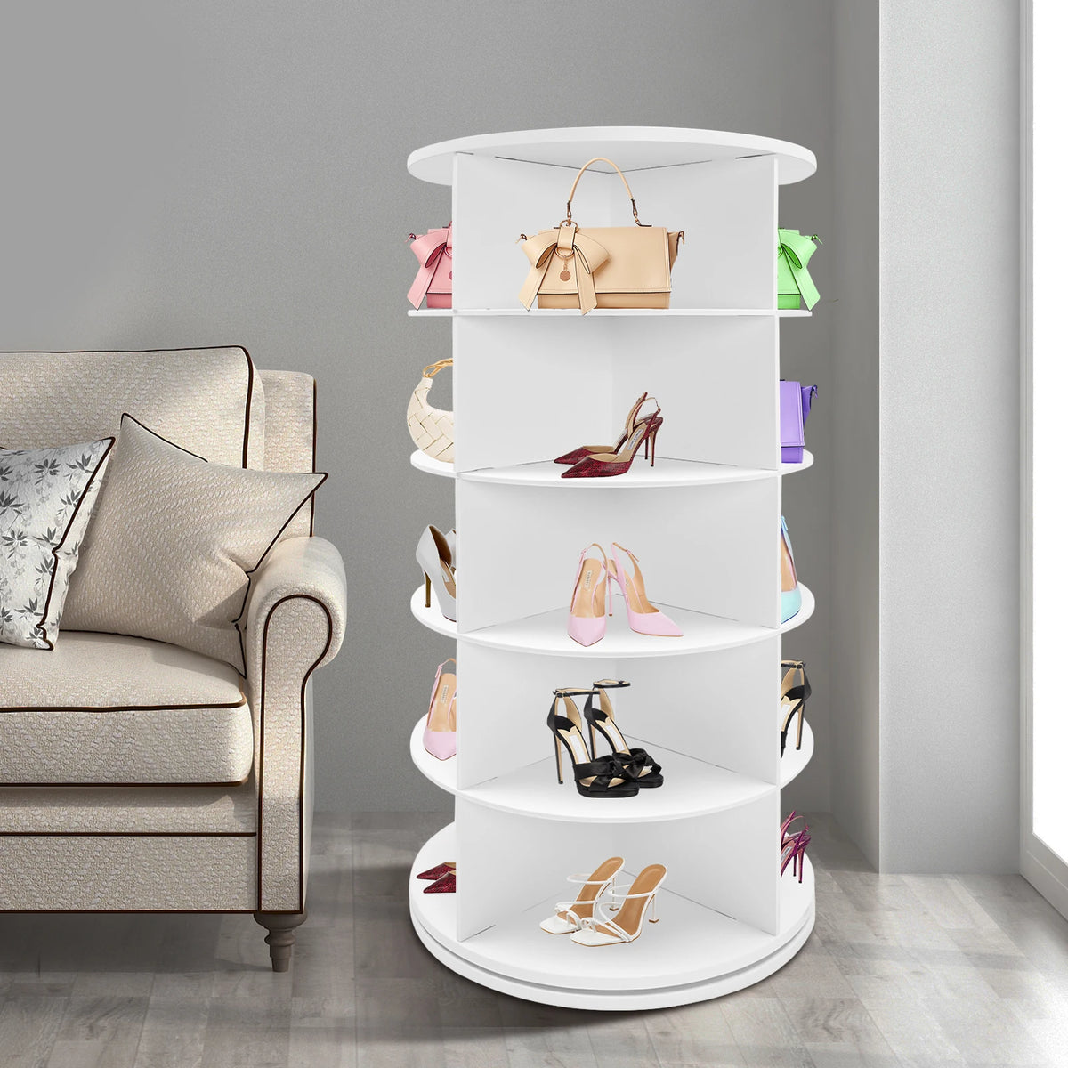  5 Tier Rotating Shoe Rack Tower 360° Rotating Organizer Spinning Shoe Display Lazy Susan for Bedroom Entryway Closet, Holds 20 Pairs of Shoes