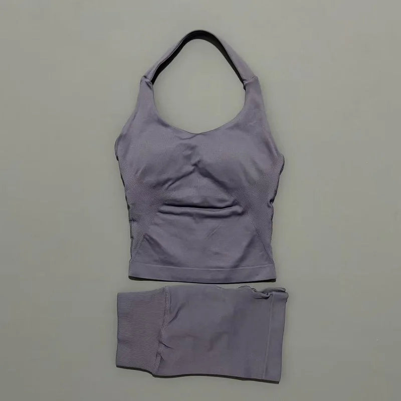 Histello Women Seamless Halter Sports Set With Strappy Crop Top