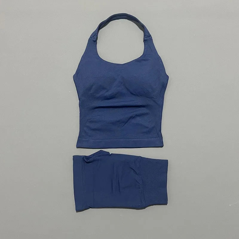 Histello Women Seamless Halter Sports Set With Strappy Crop Top
