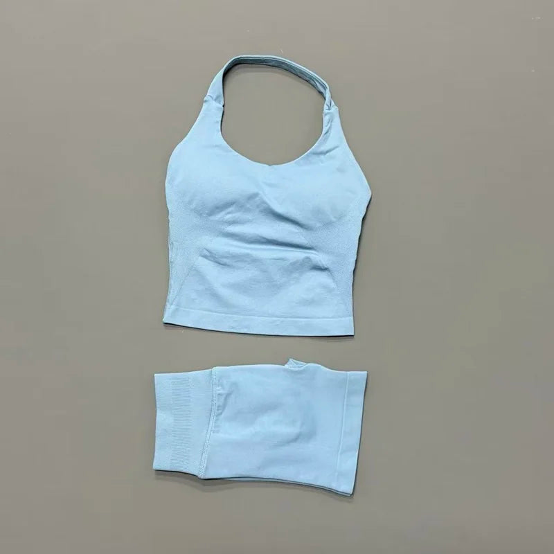 Histello Women Seamless Halter Sports Set With Strappy Crop Top