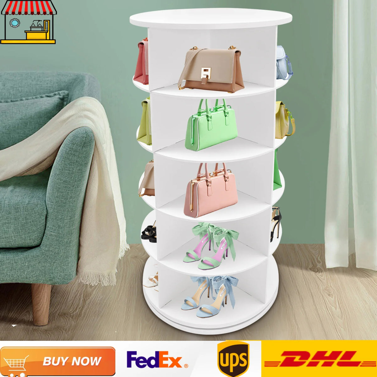 5-Tier Rotating Shoe Rack| Spinning Shoe Organizer| White PVC Large Capacity 20-Pairs Shoe Tower for Home Organization