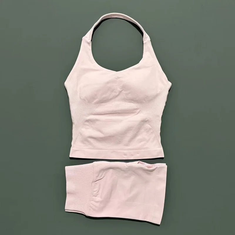 Histello Women Seamless Halter Sports Set With Strappy Crop Top