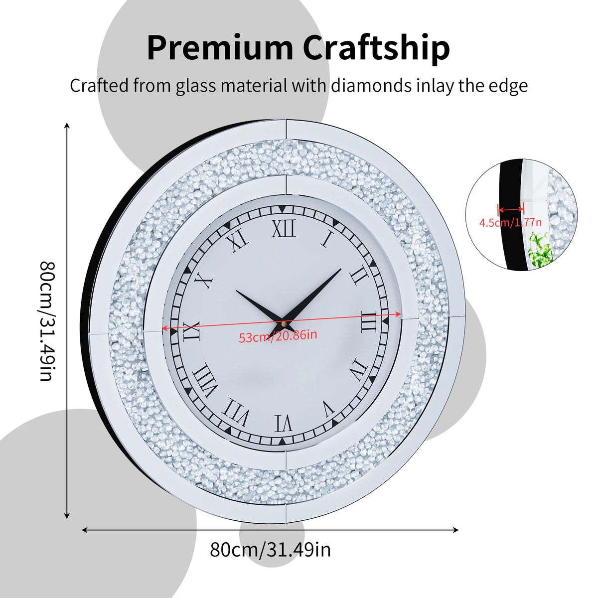 Crystal Diamond Design Mirrored Wall Clock Silent Operation