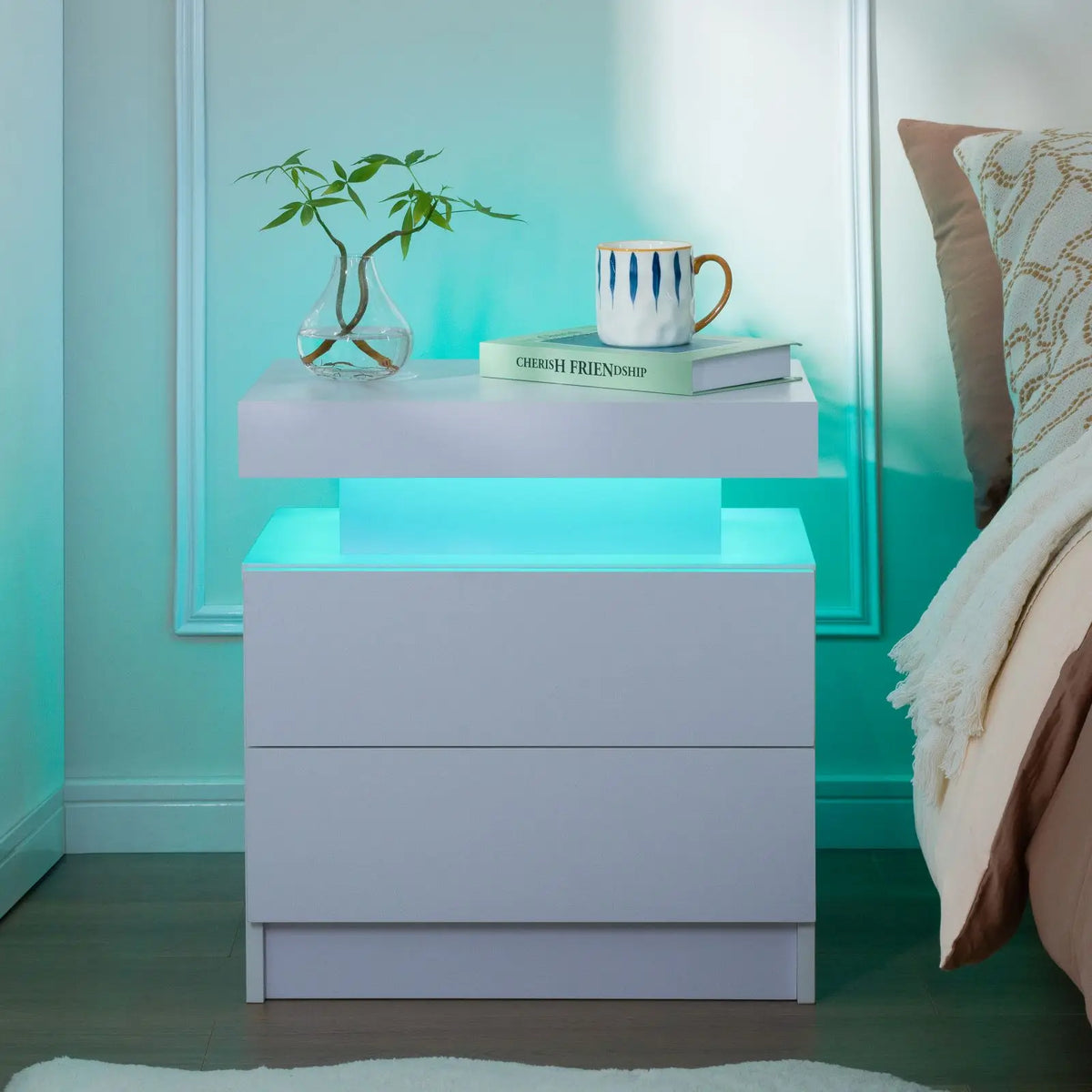 Cubehom Modern Led Nightstand Set With Dual Wooden Drawers