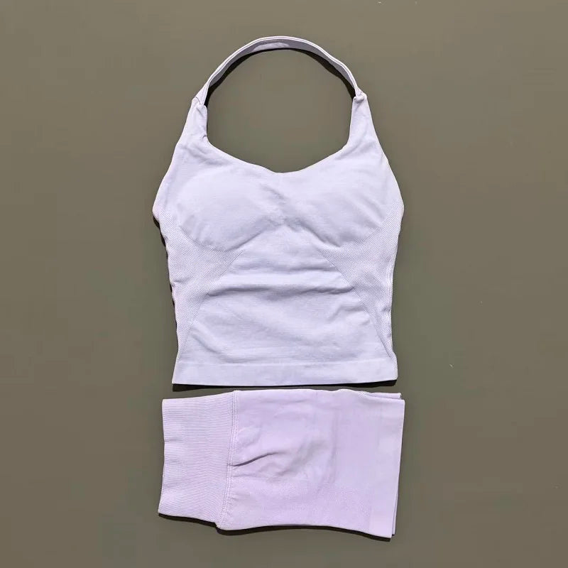 Histello Women Seamless Halter Sports Set With Strappy Crop Top