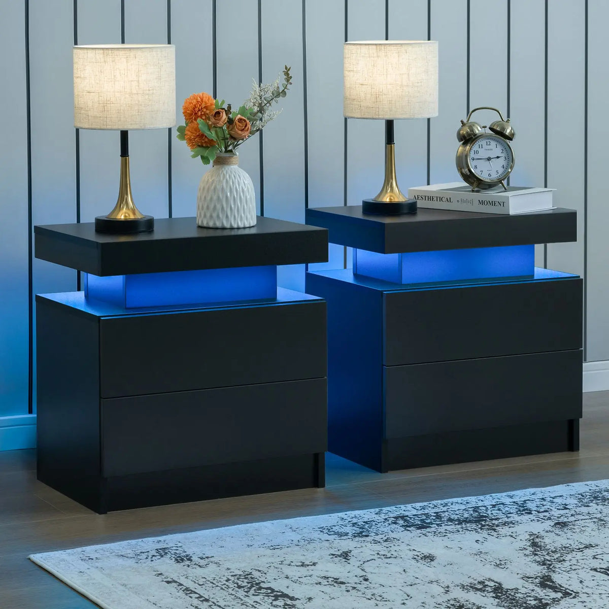 Cubehom Modern Led Nightstand Set With Dual Wooden Drawers