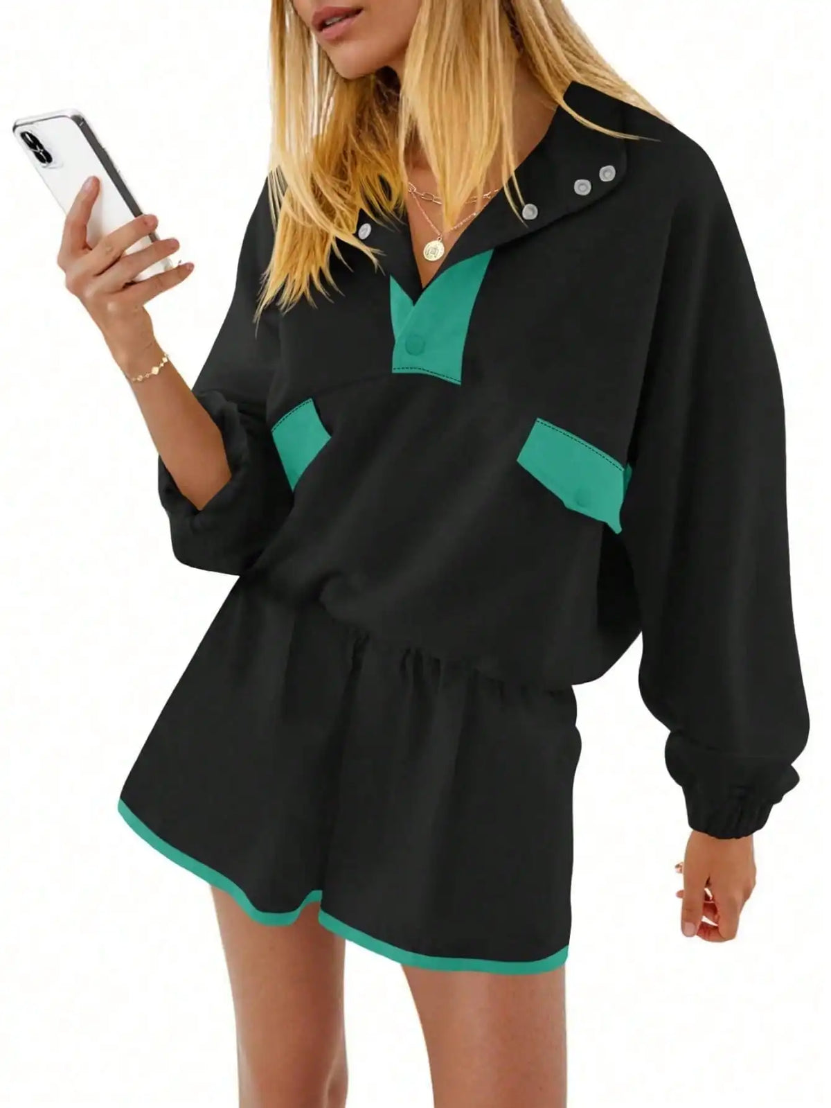 Fisoew Women Two Piece Lounge Set Sweatshirt Running Shorts