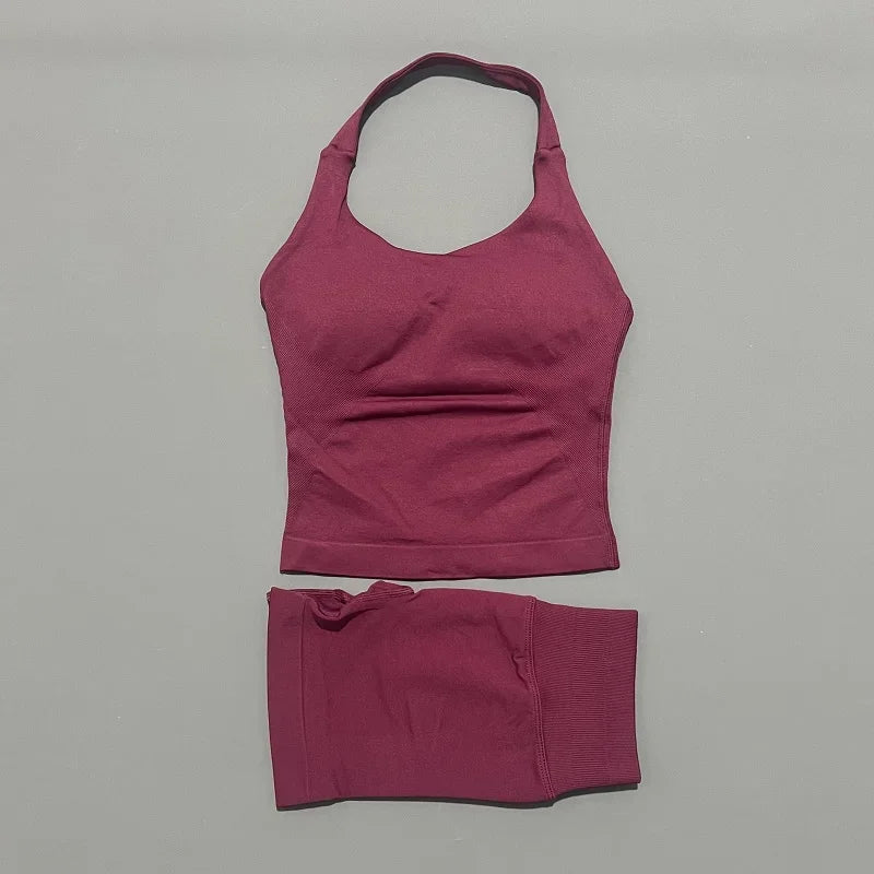 Histello Women Seamless Halter Sports Set With Strappy Crop Top