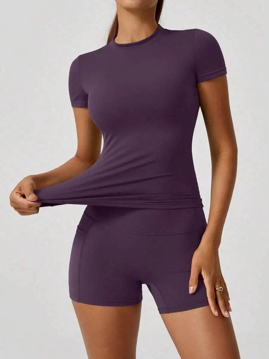 Seamless Women Short Sleeve High Waist Tummy Control Shorts Set