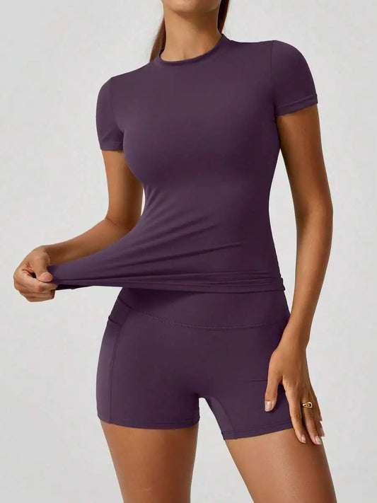 Seamless Women Short Sleeve High Waist Tummy Control Shorts Set