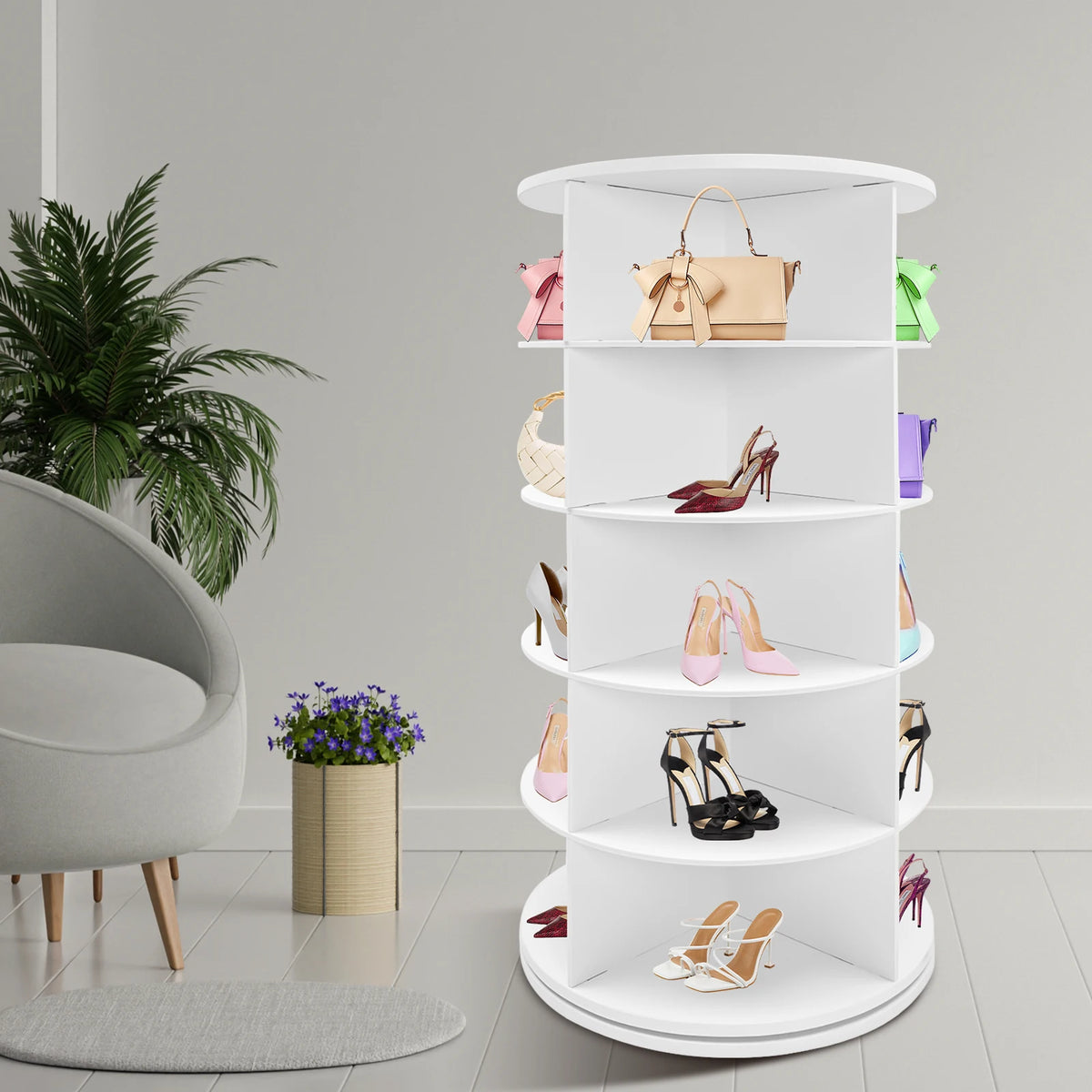  5 Tier Rotating Shoe Rack Tower 360° Rotating Organizer Spinning Shoe Display Lazy Susan for Bedroom Entryway Closet, Holds 20 Pairs of Shoes