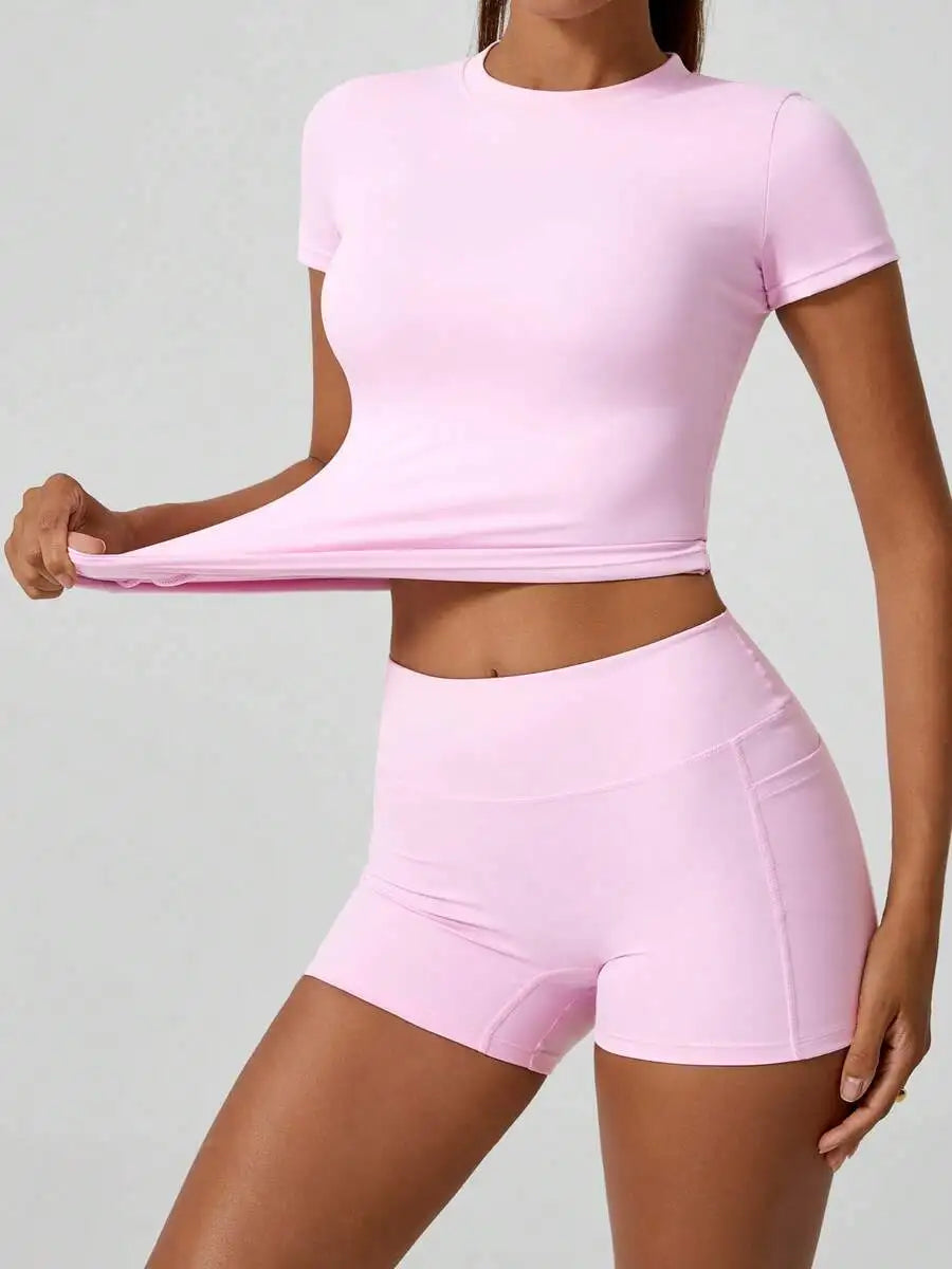 Seamless Women Short Sleeve High Waist Tummy Control Shorts Set