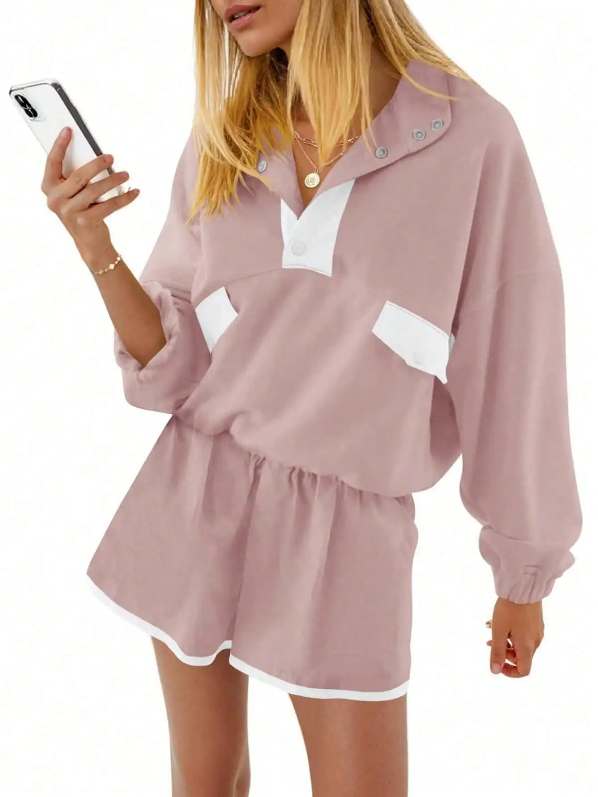 Fisoew Women Two Piece Lounge Set Sweatshirt Running Shorts