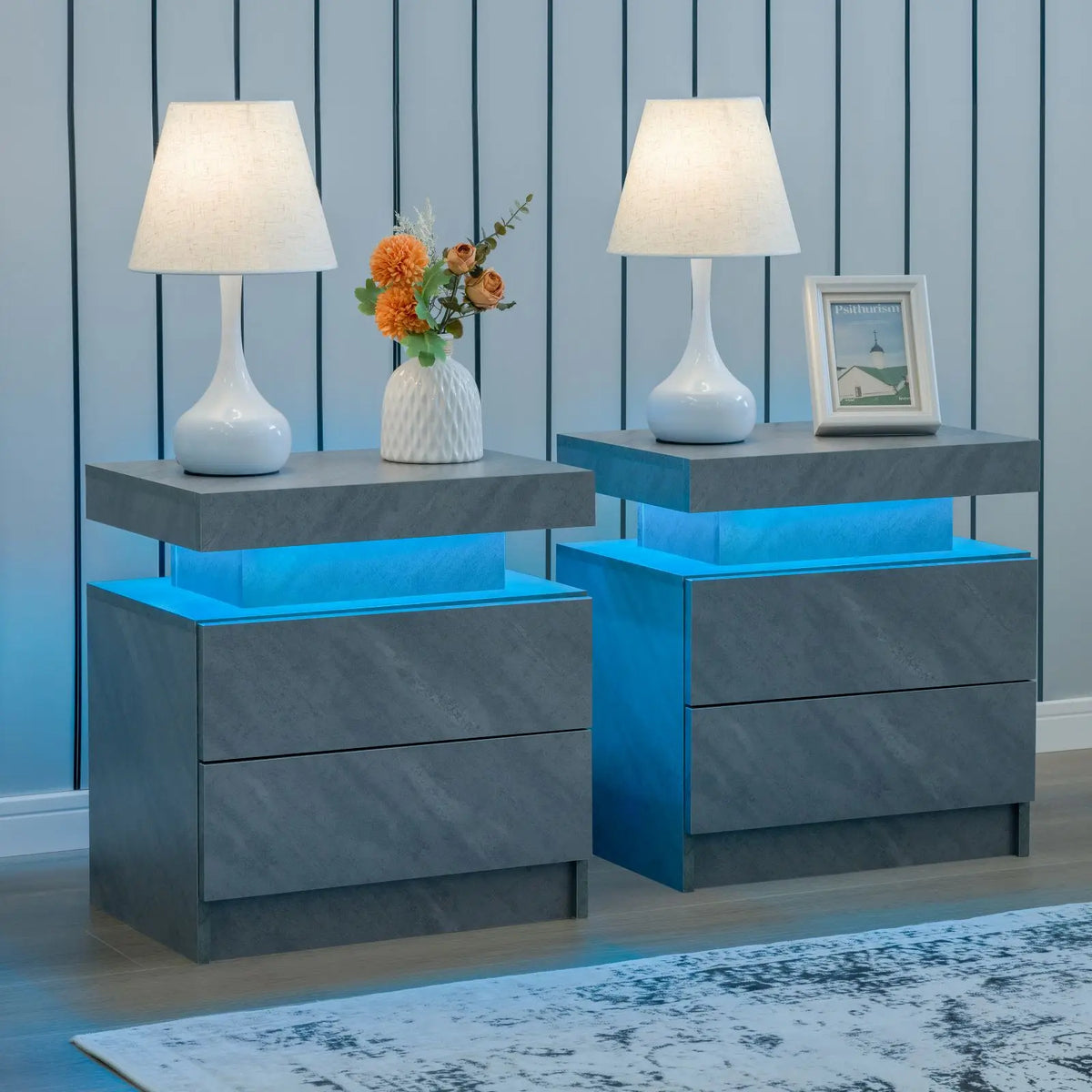 Cubehom Modern Led Nightstand Set With Dual Wooden Drawers