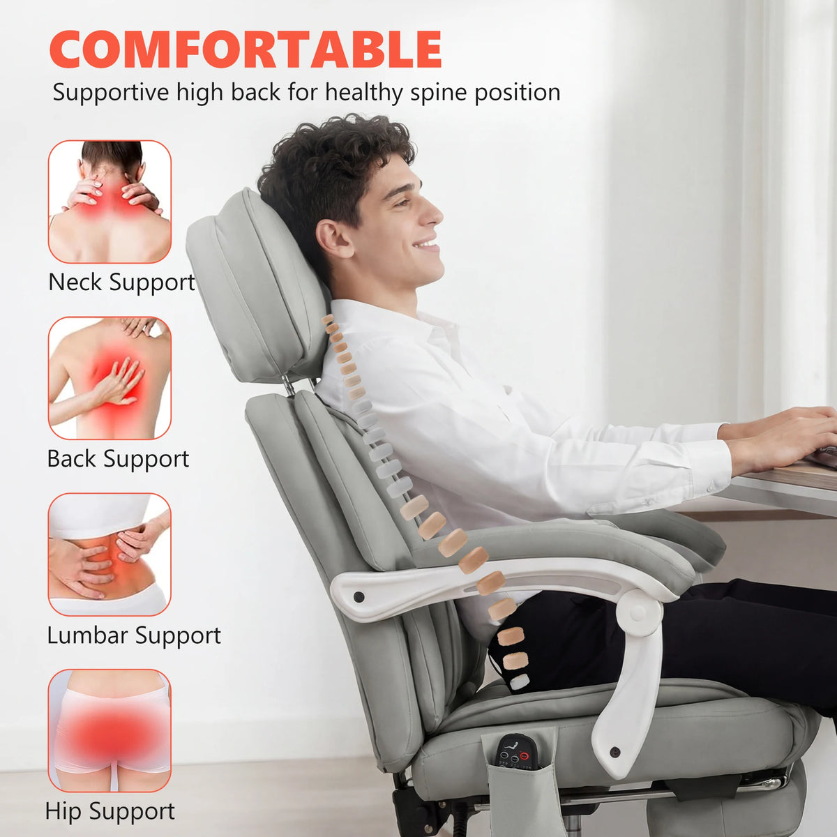 High Back Massage Office Chair With Footrest And Heated Recline