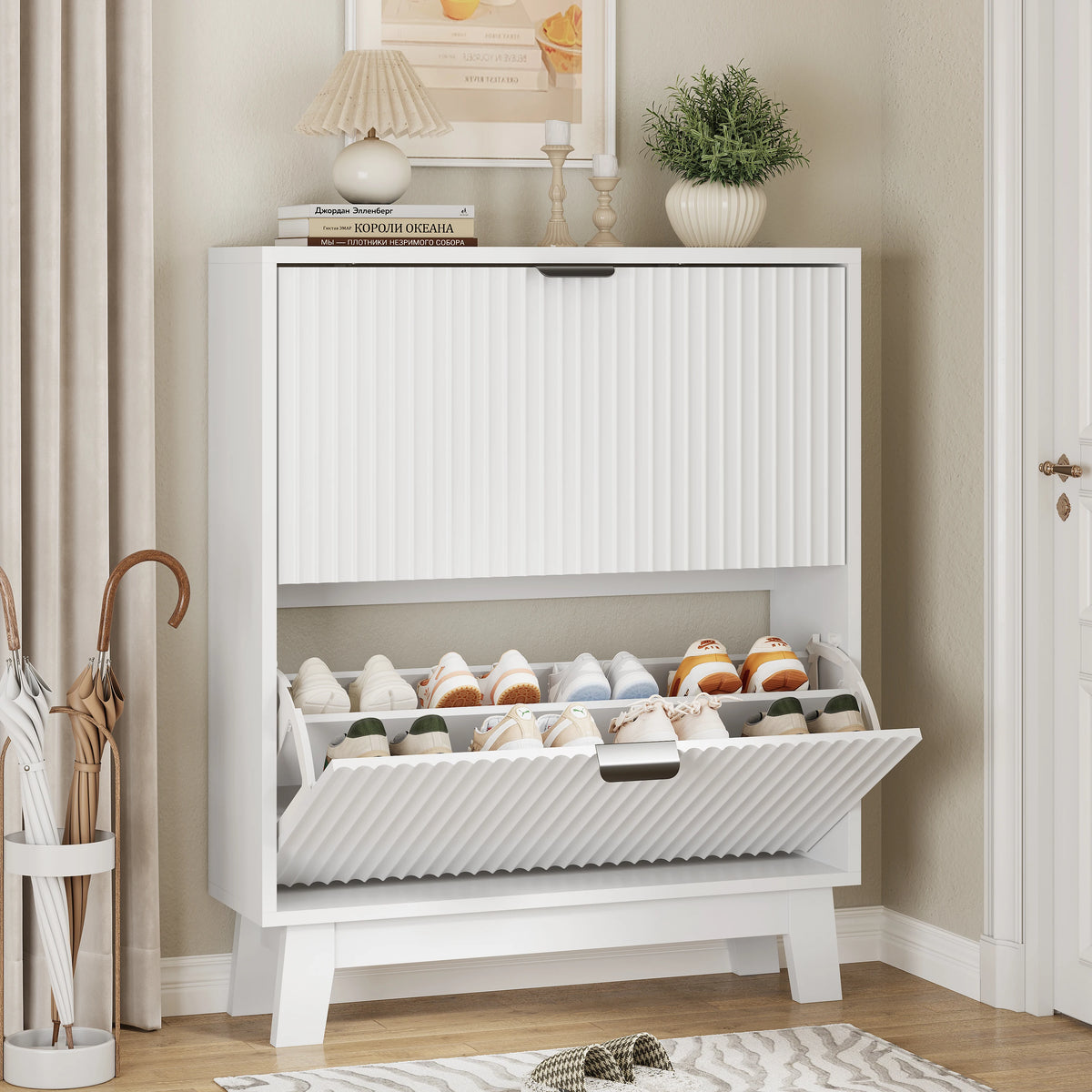 Shoe Cabinet with 2 Flip Drawers, 37" Tall Narrow Fluted Shoe Storage Organizer for Entryway, Hidden Slim Wooden Shoe Rack