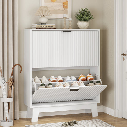 Shoe Cabinet with 2 Flip Drawers, 37" Tall Narrow Fluted Shoe Storage Organizer for Entryway, Hidden Slim Wooden Shoe Rack