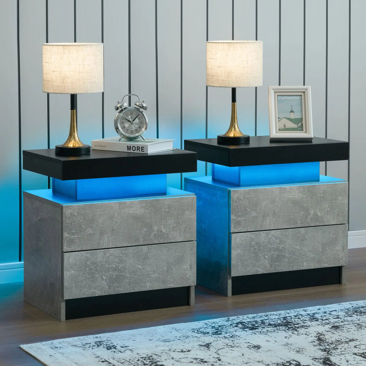 Cubehom Modern Led Nightstand Set With Dual Wooden Drawers