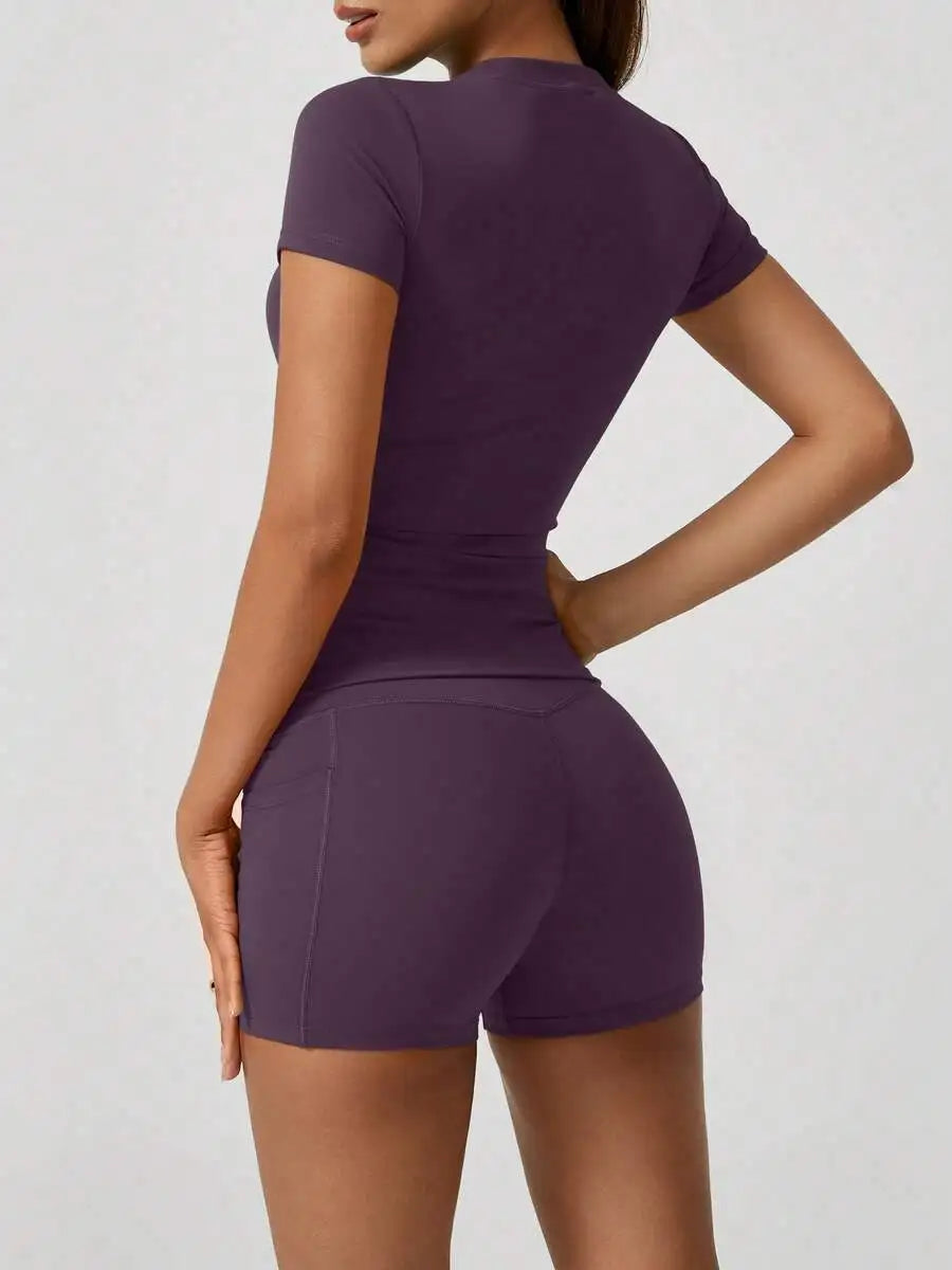 Seamless Women Short Sleeve High Waist Tummy Control Shorts Set