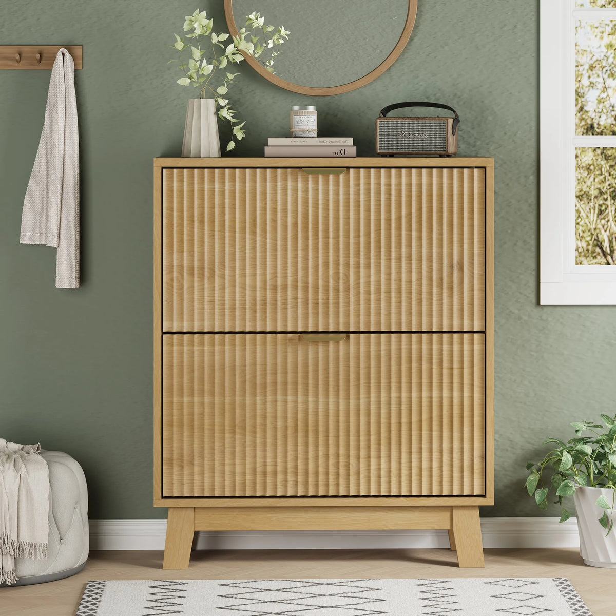 Shoe Cabinet with 2 Flip Drawers, 37" Tall Narrow Fluted Shoe Storage Organizer for Entryway, Hidden Slim Wooden Shoe Rack
