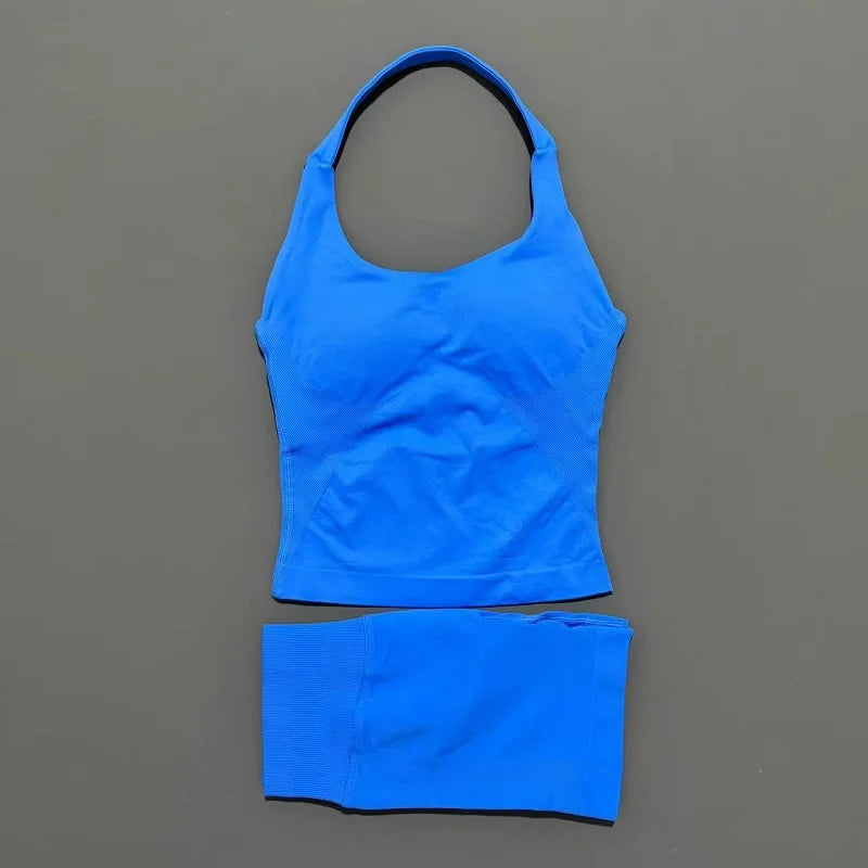 Histello Women Seamless Halter Sports Set With Strappy Crop Top