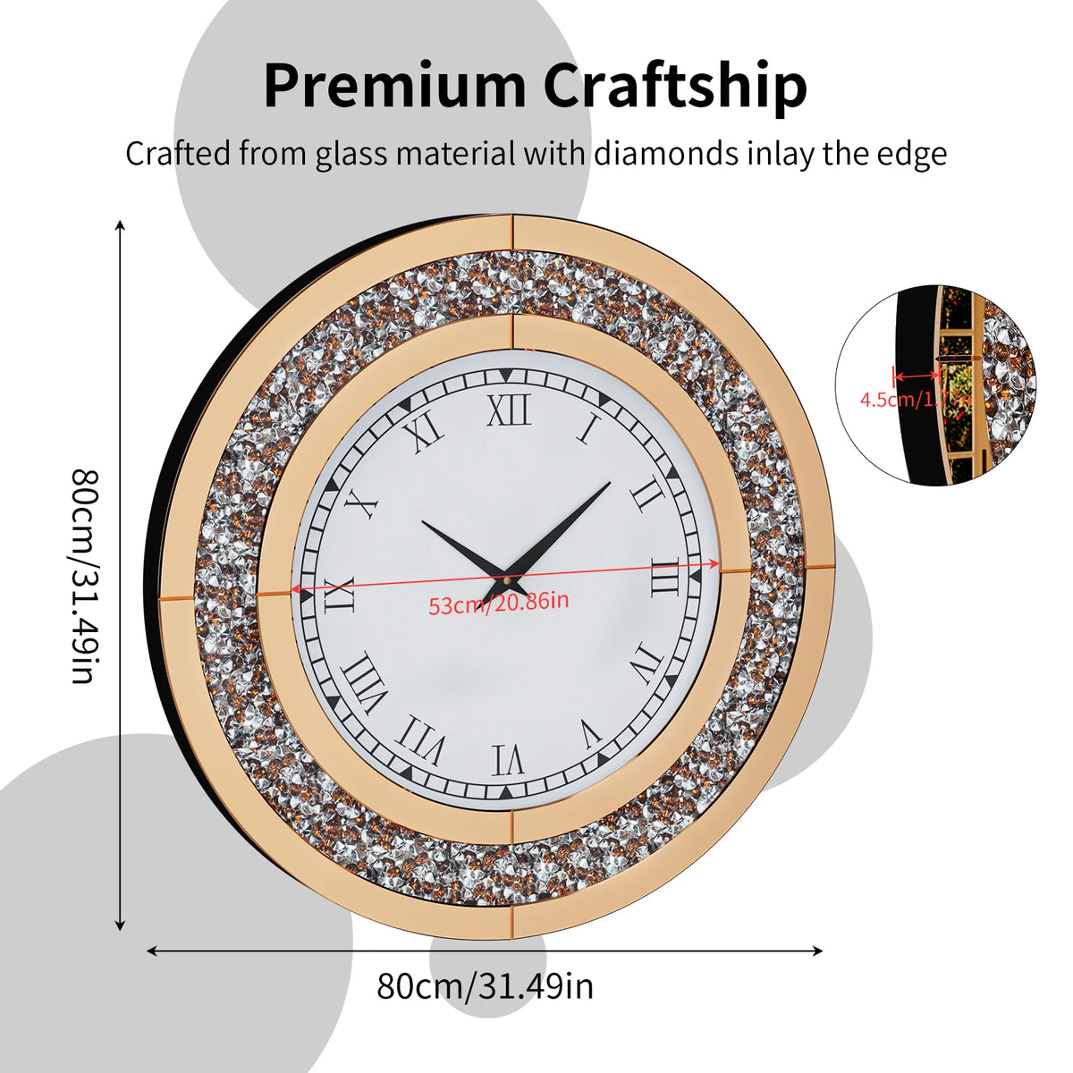 Crystal Diamond Design Mirrored Wall Clock Silent Operation