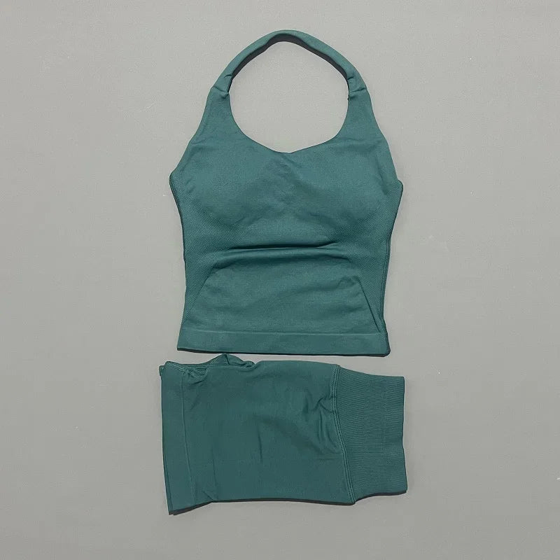 Histello Women Seamless Halter Sports Set With Strappy Crop Top