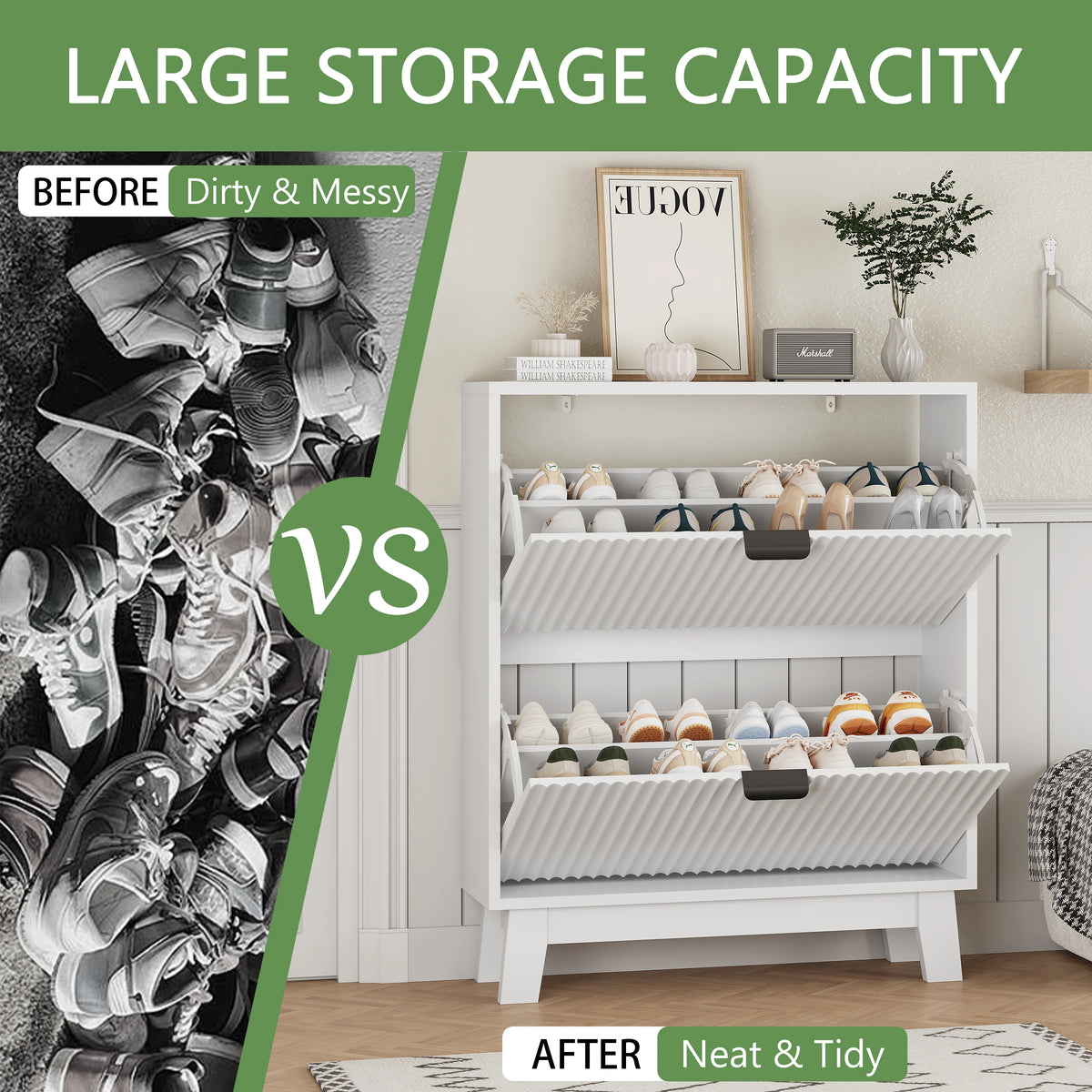 Shoe Cabinet with 2 Flip Drawers, 37" Tall Narrow Fluted Shoe Storage Organizer for Entryway, Hidden Slim Wooden Shoe Rack