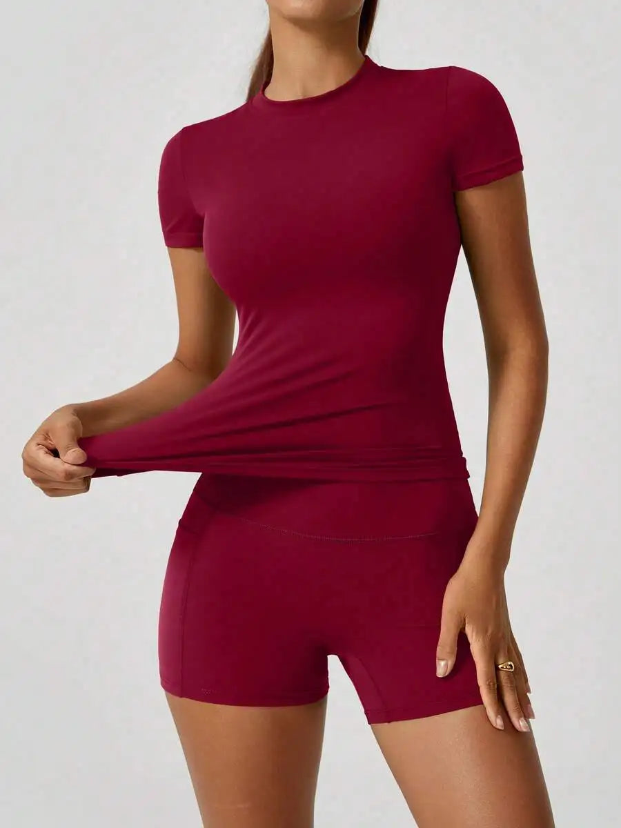 Seamless Women Short Sleeve High Waist Tummy Control Shorts Set