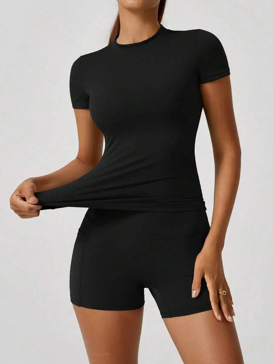 Seamless Women Short Sleeve High Waist Tummy Control Shorts Set