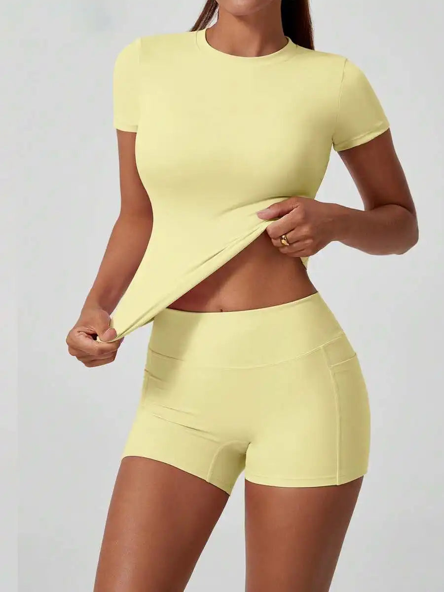 Seamless Women Short Sleeve High Waist Tummy Control Shorts Set