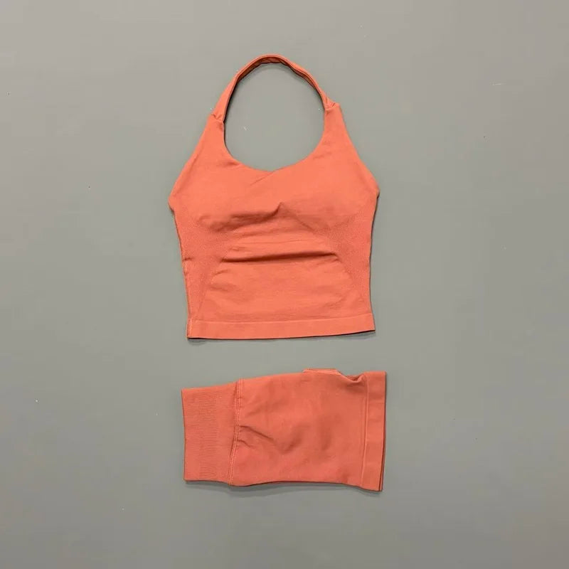 Histello Women Seamless Halter Sports Set With Strappy Crop Top